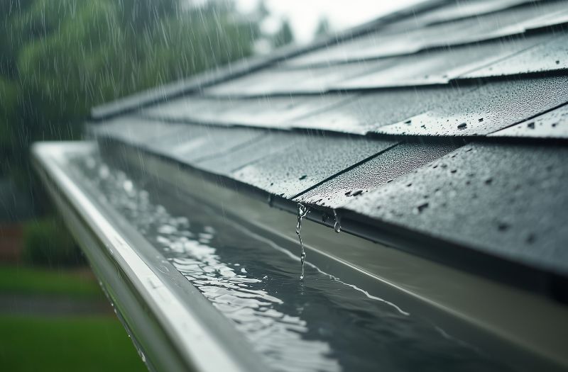 Close-up of home gutter systems successfully managing water flow from a roof line during a heavy rain storm.